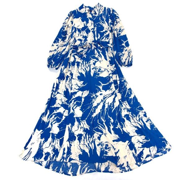 ZARA Emilie Belted Long Sleeve Printed Midi Shirt Dress Quiet Luxury Medium Blue - Picture 6 of 8